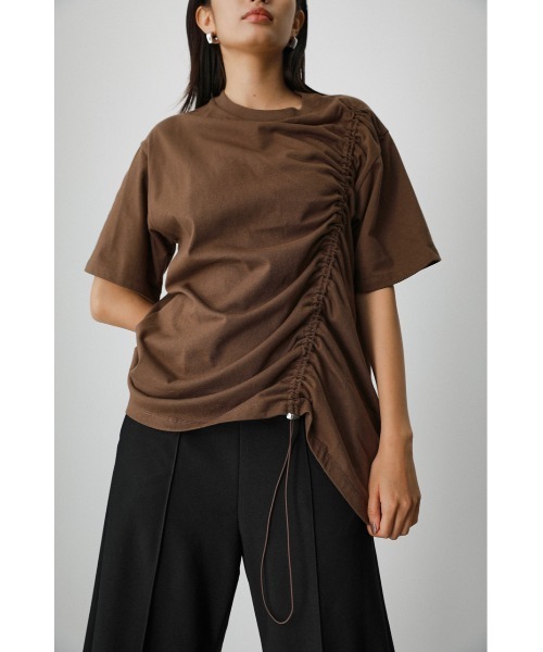 AZUL by moussy（アズールバイマウジー）の「DRAWSTRING HALF SLEEVE TEE/ドローストリングハーフスリーブTシャツ（Tシャツ/カットソー・レディース・ブラック/グリーン/オレンジ/ホワイト/ダークブラウン・FREE）」の4枚目の写真