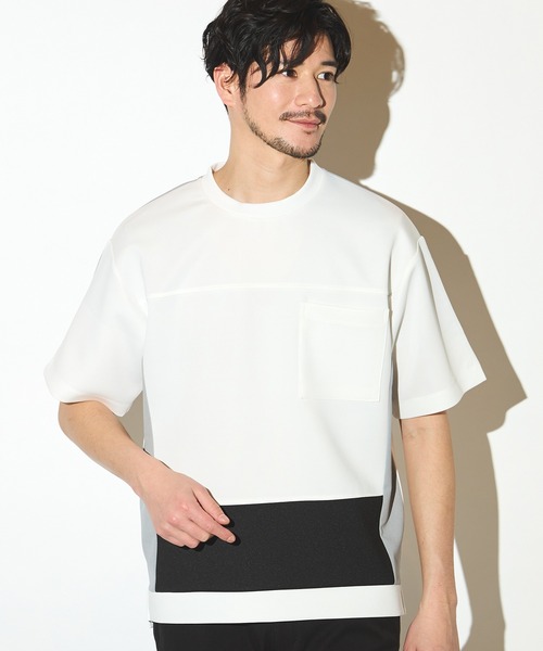 UNION STATION(ユニオンステーション)の「ポリエステルポンチ×梨地クルーネックTシャツ(Tシャツ/カットソー・メンズ・ホワイト系その他/ネイビー・LL/L/M)」の1枚目の写真