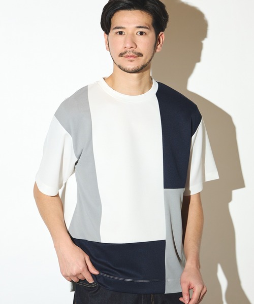UNION STATION(ユニオンステーション)の「ポリエステルポンチ×梨地クルーネックTシャツ(Tシャツ/カットソー・メンズ・ホワイト系その他/ネイビー・LL/L/M)」の2枚目の写真