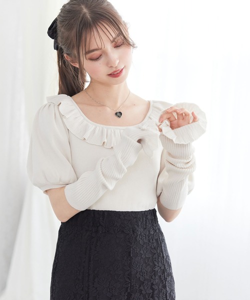 DearMyLoveRose(ディアマイラブローズ)の「アームカバーフリル襟パフニットトップス(ニット/セーター・レディース・ベビーピンク/ホワイト/ブラック・L-XL/M-L/LL~3L)」の21枚目の写真