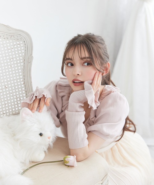 DearMyLoveRose(ディアマイラブローズ)の「アームカバーフリル襟パフニットトップス(ニット/セーター・レディース・ベビーピンク/ホワイト/ブラック・L-XL/M-L/LL~3L)」の5枚目の写真