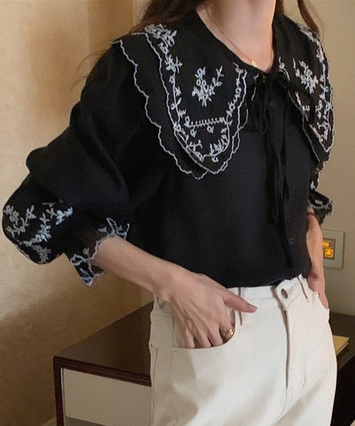 セール】レディース 刺繍入りレトロダブルビッグカラーブラウス