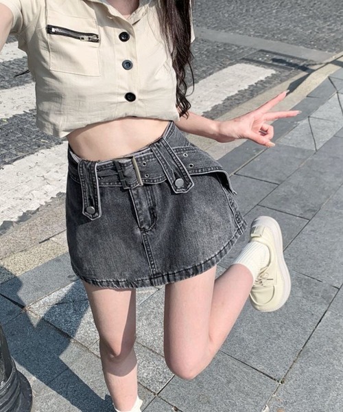 almo（アルモ）の「太ベルトデニムパンツスカート(se)（デニムスカート・レディース・ブラック/ブラック系その他/ホワイト・MEDIUM）」の10枚目の写真