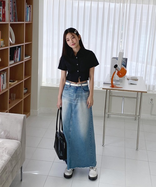 by muni:r（バイ ムニール）の「ユニークウォッシングデニムロングスカート（デニムスカート・レディース・ブルー/ダークグレー・SMALL/MEDIUM）」の19枚目の写真