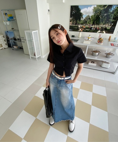 by muni:r（バイ ムニール）の「ユニークウォッシングデニムロングスカート（デニムスカート・レディース・ブルー/ダークグレー・SMALL/MEDIUM）」の12枚目の写真