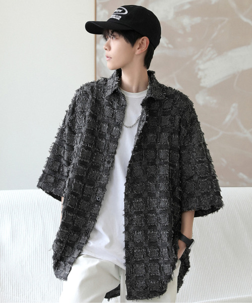 neos(ネオス)の「【neos -addictive design-】ビッグシルエット フリンジ ブロックチェック ハーフスリーブ シャツ(シャツ/ブラウス・メンズ・ブラック/チャコールグレー/ホワイト・MEDIUM/LARGE/X-LARGE)」の8枚目の写真