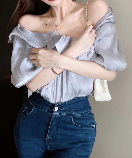 deux amour(ドゥーザムール)の「オフショルダーシャイニー短丈トップス(チューブトップ・レディース・ラベンダー/アイボリー・FREE(9))」の6枚目の写真