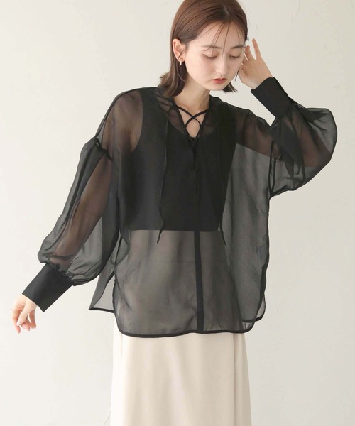 CLEIO（クレイオ）の「【CLEIO】レースアップシアーブラウス（シャツ/ブラウス・レディース・モカ/ブラック/アイボリー・FREE）」の14枚目の写真