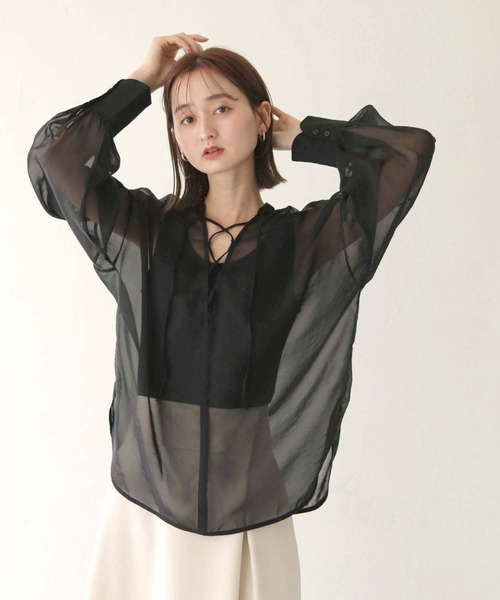 CLEIO（クレイオ）の「【CLEIO】レースアップシアーブラウス（シャツ/ブラウス・レディース・モカ/ブラック/アイボリー・FREE）」の13枚目の写真