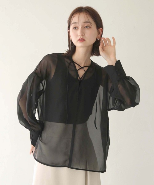 CLEIO（クレイオ）の「【CLEIO】レースアップシアーブラウス（シャツ/ブラウス・レディース・モカ/ブラック/アイボリー・FREE）」の22枚目の写真