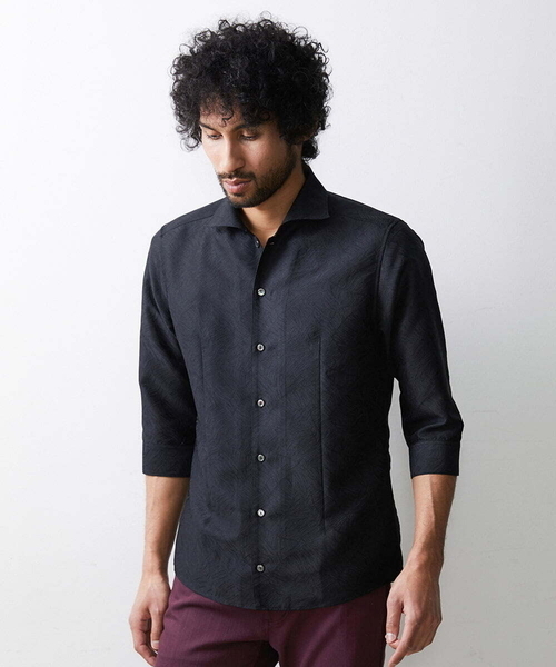 MICHEL KLEIN HOMME (ミッシェルクランオム)の「《日本製》ボタニカル柄7分袖シャツ(シャツ/ブラウス・メンズ・ベージュ/グリーン/ブラック・MEDIUM/LARGE/X-LARGE)」の2枚目の写真