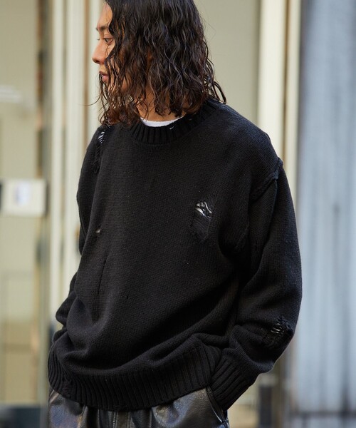 FREAK'S STORE(フリークスストア)の「FREAK’S STORE/フリークスストア ダメージ クルーネックニット/プルオーバー/ダメージ加工(ニット/セーター・メンズ・オフホワイト/ブラック/オリーブ・SMALL/MEDIUM/LARGE)」の4枚目の写真