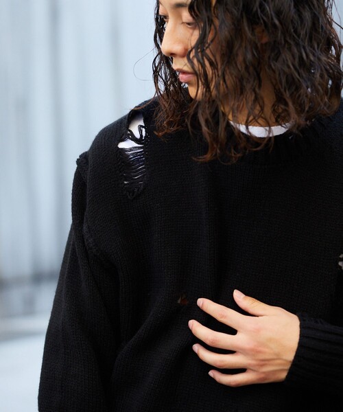 セール】FREAK'S STORE/フリークスストア ダメージ クルーネックニット