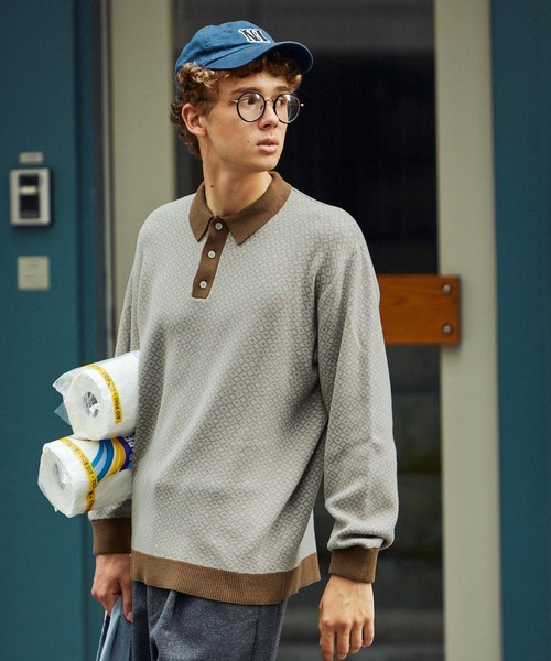 EMMA CLOTHES(エマクローズ)の「ジャガードクラシックパターンニットポロシャツ EMMA CLOTHES(ポロシャツ・メンズ・グレー/ベージュ/グリーン/ダークオリーブ/ブルー・M/L)」の9枚目の写真