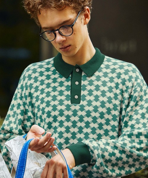 EMMA CLOTHES(エマクローズ)の「ジャガードクラシックパターンニットポロシャツ EMMA CLOTHES(ポロシャツ・メンズ・グレー/ベージュ/グリーン/ダークオリーブ/ブルー・M/L)」の12枚目の写真