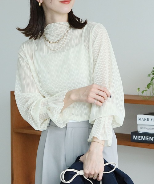 reca(レカ)の「ボトルネックシアーストライプブラウス(シャツ/ブラウス・レディース・ブラウン/アイボリー/ブラック/ブルー/ホワイト/カーキ・FREE)」の2枚目の写真