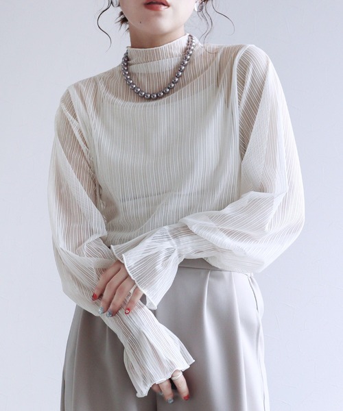 セール】ボトルネックシアーストライプブラウス（シャツ/ブラウス