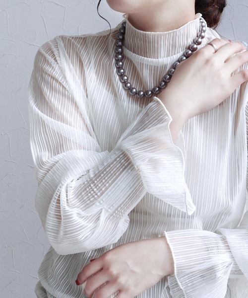 reca(レカ)の「ボトルネックシアーストライプブラウス(シャツ/ブラウス・レディース・ブラウン/アイボリー/ブラック/ブルー/ホワイト/カーキ・FREE)」の12枚目の写真