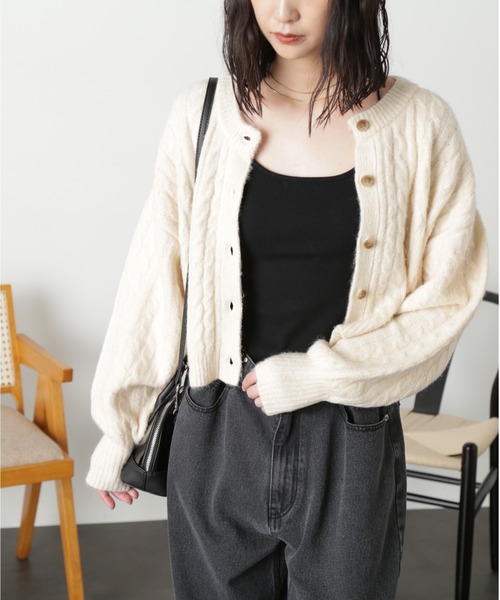 FREE'S MART(フリーズマート)の「◆前後2wayケーブルショート丈ニットカーディガン(カーディガン/ボレロ・レディース・ベージュ/オフホワイト/ライトグリーン・FREE)」の5枚目の写真