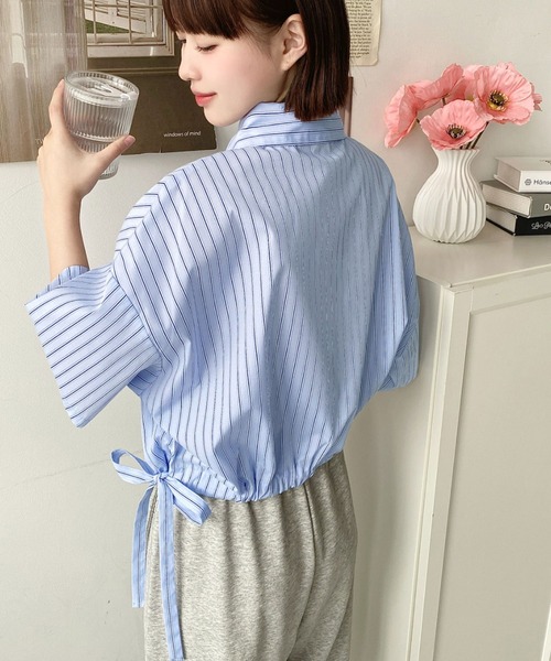 セール】TCブロード無地＆マルチストライプすそドロストクロップド半袖