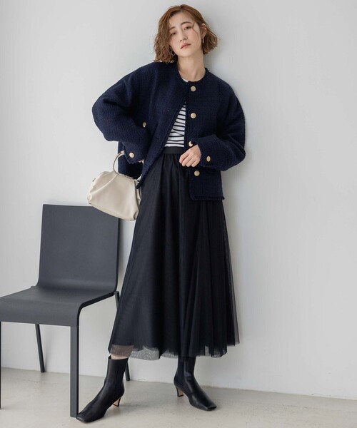 23区（ニジュウサンク）の「GIOLICA カラーミックスツイード ジャケット（ノーカラージャケット・レディース・ブラック系3/レッド系3/ネイビー系/アイボリー系・44/48/46）」の11枚目の写真