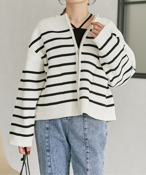 Thevon(ゼボン)の「スポンジニットジップカーディガン(カーディガン/ボレロ・レディース・オフホワイト/グレー/ブルー/アイボリー・FREE)」の2枚目の写真