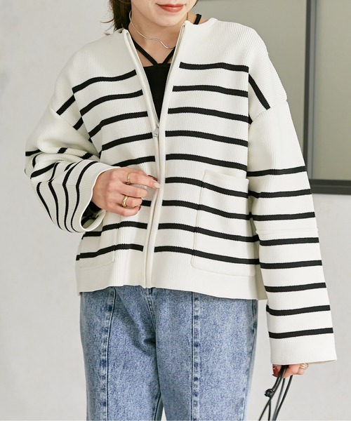 Thevon(ゼボン)の「スポンジニットジップカーディガン(カーディガン/ボレロ・レディース・オフホワイト/グレー/ブルー/アイボリー・FREE)」の6枚目の写真