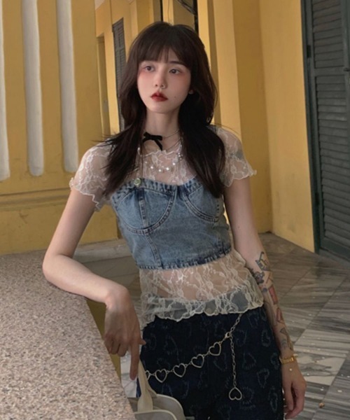 Mayree(メイリー)の「【Mayree】レースシアーメッシュトップス(Tシャツ/カットソー・レディース・ホワイト・FREE)」の1枚目の写真