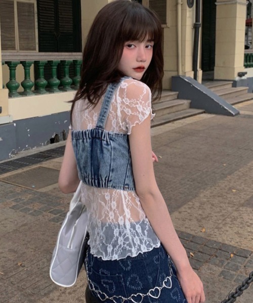 Mayree(メイリー)の「【Mayree】レースシアーメッシュトップス(Tシャツ/カットソー・レディース・ホワイト・FREE)」の2枚目の写真