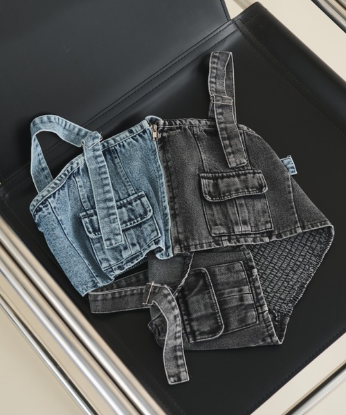 MERLOT（メルロー）の「デニムコルセットビスチェ（キャミソール・レディース・ブラック/ブルー・FREE）」の4枚目の写真