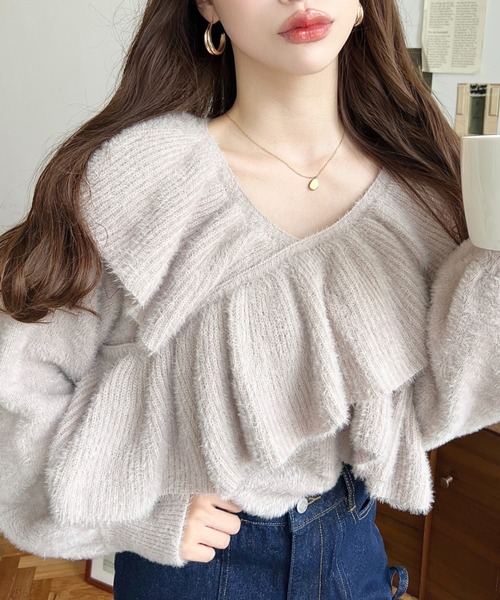 セール】クロスフリルシャギーニットプルオーバー（ニット/セーター
