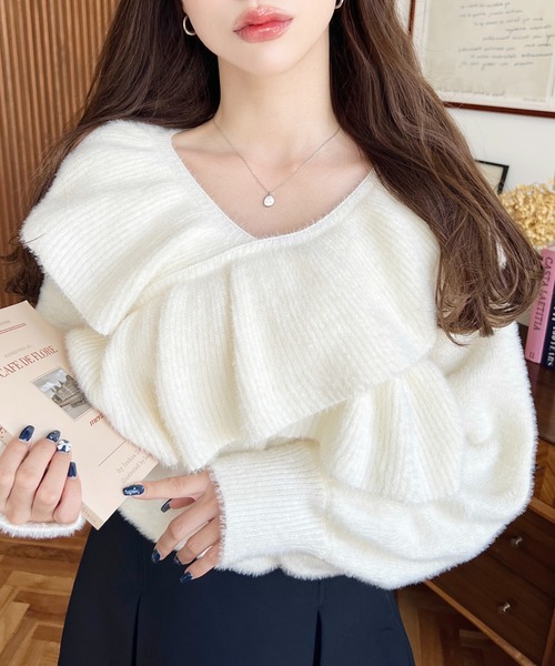 Maison Olga フリル モヘア ニット セーター 長袖 1 白 moment+ ニット セーター クロスフリルシャギーニットプルオーバー