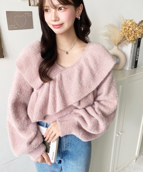 45rフリルモヘヤセーター ニット セーター BRODIAEA 洗えるカシミヤシリーズ ハイネックフリル