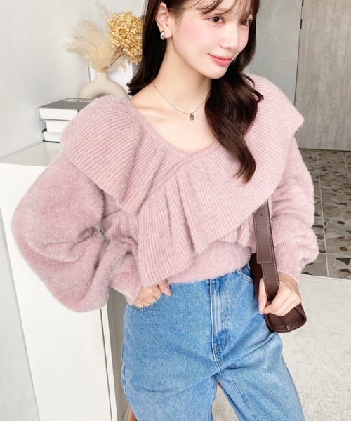 moment+（モーメントプラス）の「クロスフリルシャギーニットプル