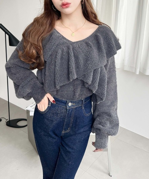 moment+（モーメントプラス）の「クロスフリルシャギーニットプル