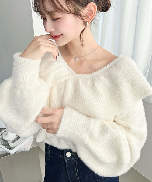 セール】クロスフリルシャギーニットプルオーバー（ニット/セーター