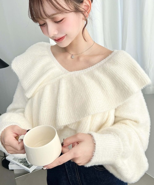 セール】クロスフリルシャギーニットプルオーバー（ニット/セーター