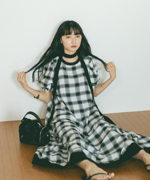 セール】チェックパフスリーブワンピース/マフラータイ付き