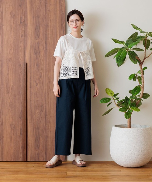 studio CLIP（スタディオクリップ）の「【接触冷感/ストレッチ】コットンリネンひんやりタックワイドパンツ[プチ・プラスサイズあり]（その他パンツ・レディース・ネイビー/モカ/イエロー・LARGE/MEDIUM/ﾌﾘｰ(L)/PF）」の20枚目の写真