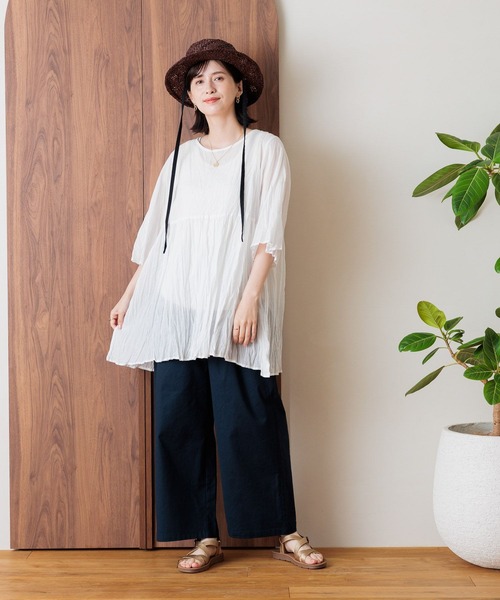 studio CLIP（スタディオクリップ）の「【接触冷感/ストレッチ】コットンリネンひんやりタックワイドパンツ[プチ・プラスサイズあり]（その他パンツ・レディース・ネイビー/モカ/イエロー・LARGE/MEDIUM/ﾌﾘｰ(L)/PF）」の17枚目の写真