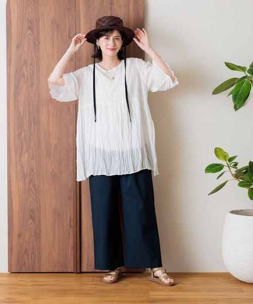 studio CLIP（スタディオクリップ）の「【接触冷感/ストレッチ】コットンリネンひんやりタックワイドパンツ[プチ・プラスサイズあり]（その他パンツ・レディース・ネイビー/モカ/イエロー・LARGE/MEDIUM/ﾌﾘｰ(L)/PF）」の16枚目の写真