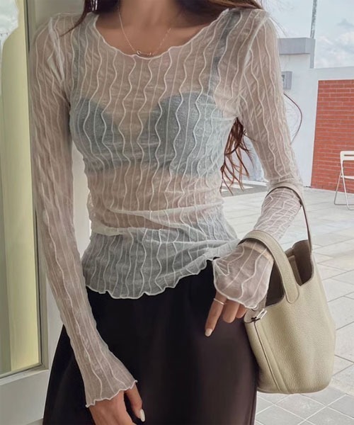 i-dare（アイディア）の「【i-dare】シースルー シアー メッシュ トップス（Tシャツ/カットソー・レディース・ホワイト/ブラウン/ブラック・FREE）」の2枚目の写真