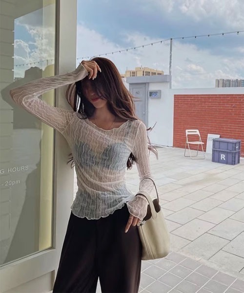 i-dare（アイディア）の「【i-dare】シースルー シアー メッシュ トップス（Tシャツ/カットソー・レディース・ホワイト/ブラウン/ブラック・FREE）」の12枚目の写真