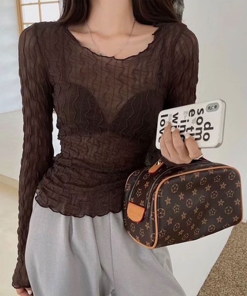 i-dare（アイディア）の「【i-dare】シースルー シアー メッシュ トップス（Tシャツ/カットソー・レディース・ホワイト/ブラウン/ブラック・FREE）」の4枚目の写真