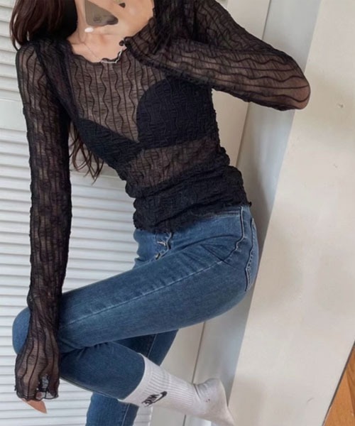 i-dare（アイディア）の「【i-dare】シースルー シアー メッシュ トップス（Tシャツ/カットソー・レディース・ホワイト/ブラウン/ブラック・FREE）」の7枚目の写真