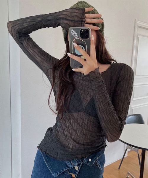 i-dare（アイディア）の「【i-dare】シースルー シアー メッシュ トップス（Tシャツ/カットソー・レディース・ホワイト/ブラウン/ブラック・FREE）」の8枚目の写真