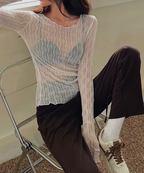 i-dare（アイディア）の「【i-dare】シースルー シアー メッシュ トップス（Tシャツ/カットソー・レディース・ホワイト/ブラウン/ブラック・FREE）」の13枚目の写真