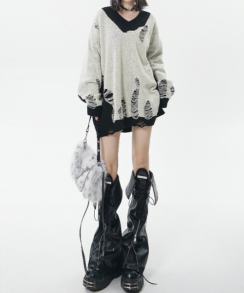 Bicolor damage Knit / バイカラーダメージニット（ニット