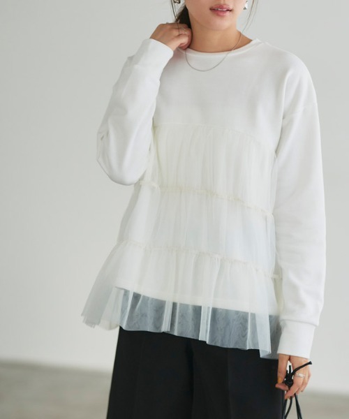 Pierrot(ピエロ)の「チュールティアードスウェット(スウェット・レディース・オフホワイト/ブラック/チャコール・M/L)」の1枚目の写真