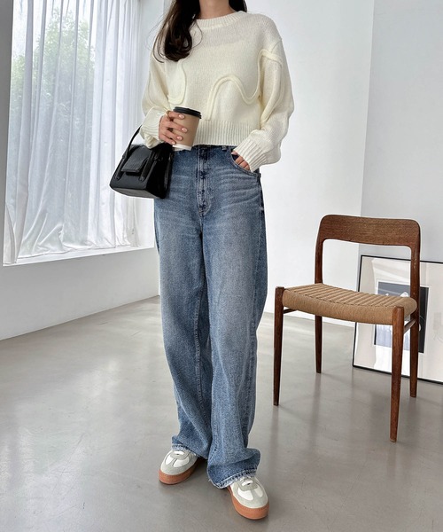 ニュアンス ウェーブ柄 ショート丈 ニット トップス セール】ニュアンスウェーブ柄ショート丈ニットトップス（ニット